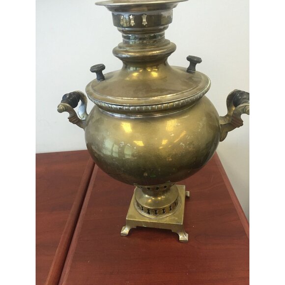 Antique Vintage Russian Brass Samovar Wood Handles Peacock Rooster Spout - Picture 5 of 10